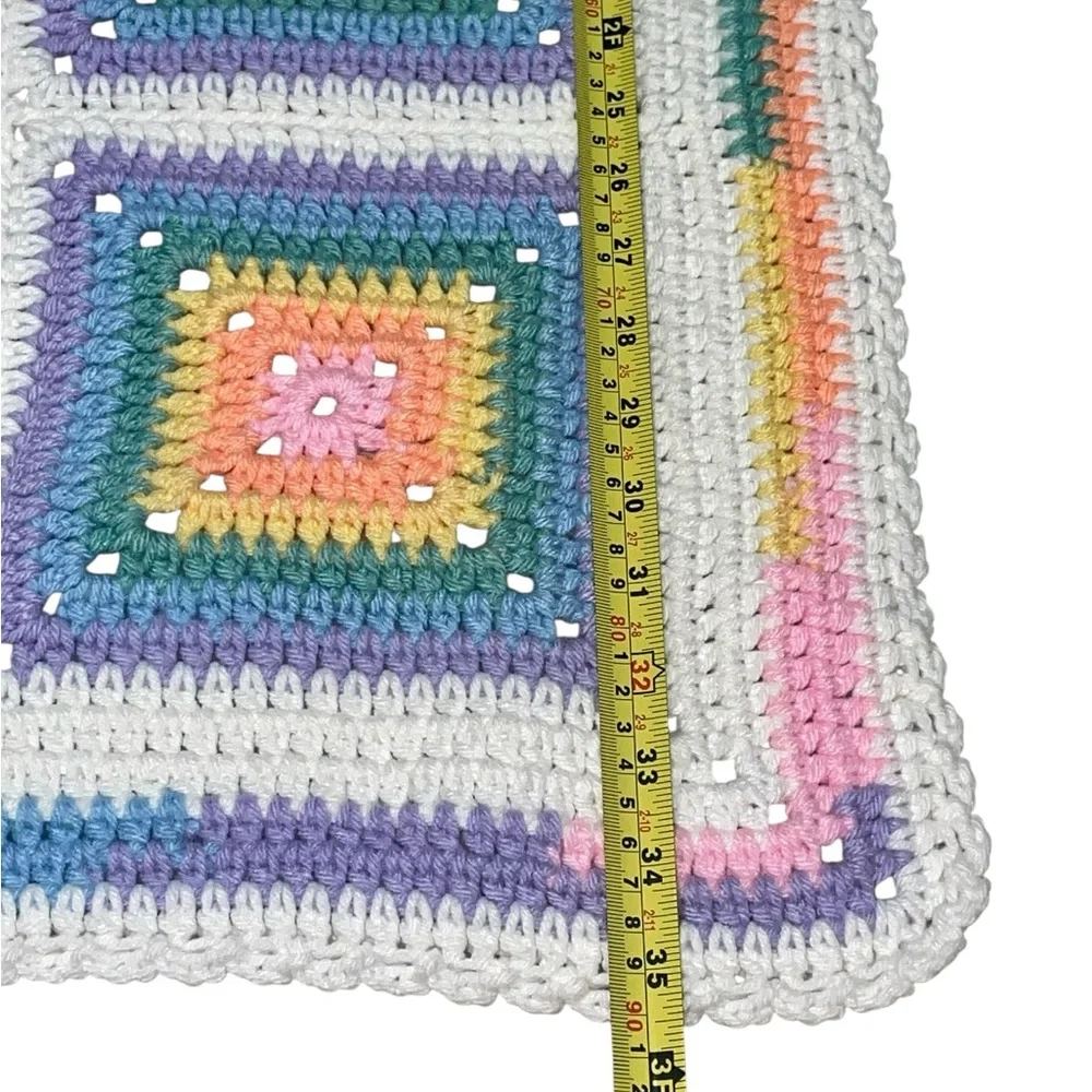 Vintage 70s  Square Granny Afghan Crochet Baby, Chair Blanket  35.5 Inches